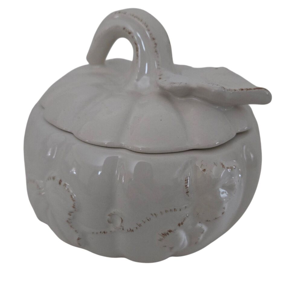 Southern Living Pumpkin Marshmallow Jar White Rustic Candy Halloween Decor NEW